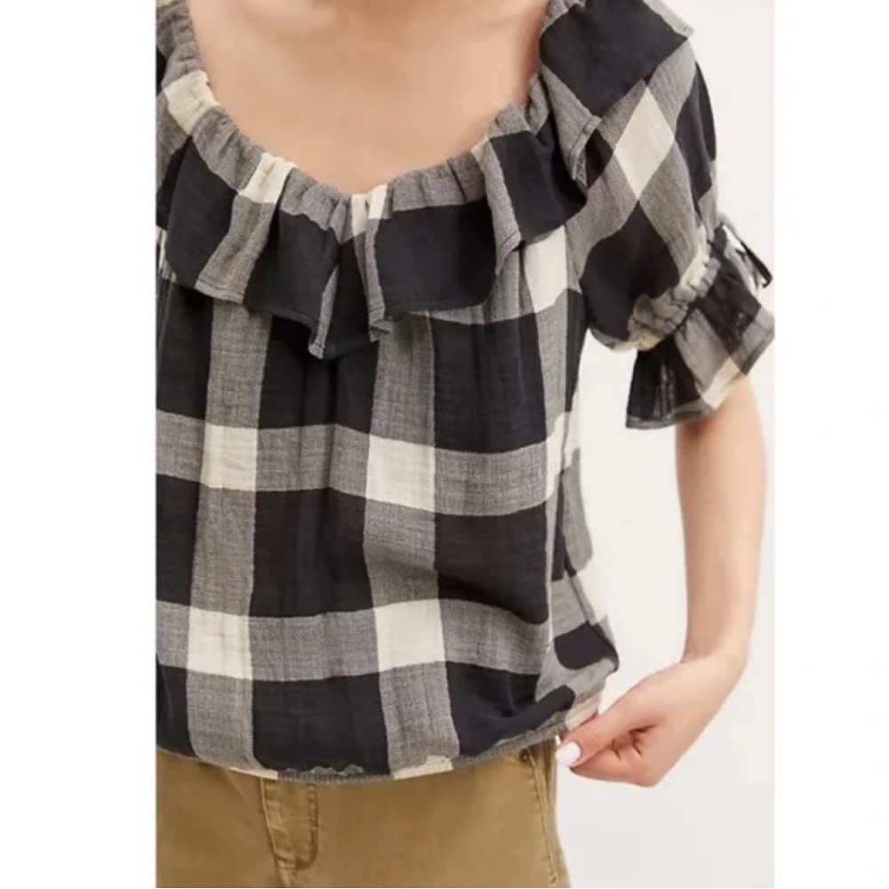 Anthro Porridge Ruffled Bib Boatneck Blouse in plaid